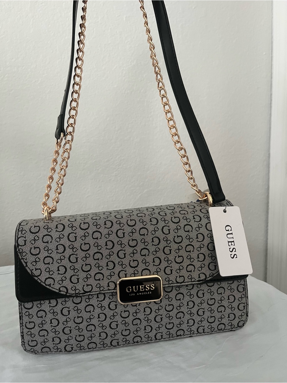 GUESS Gray Monogram Crossbody with Gold Chain